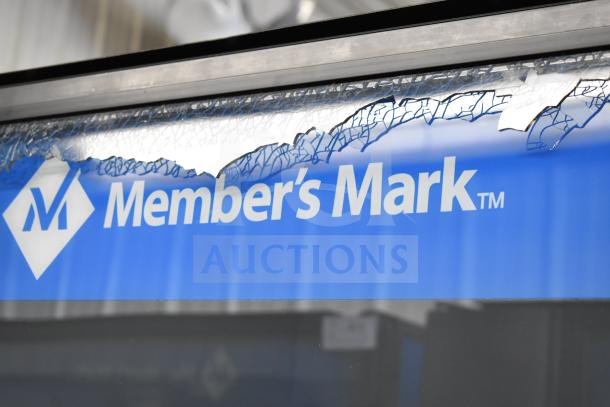 Crane 5800-4 vending machine with bill acceptor, glass damage visible. 115 volts, 1 phase. Member's Mark branding shown.