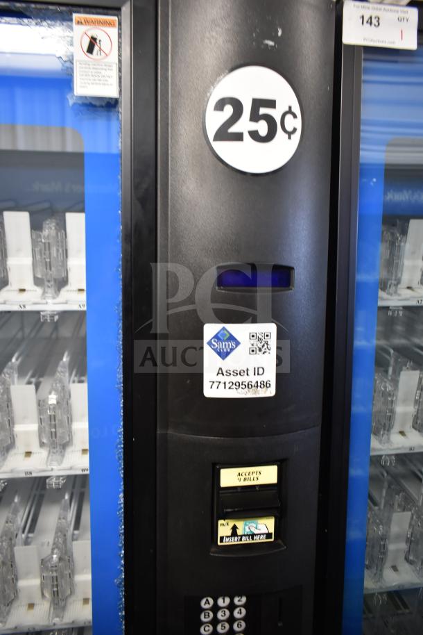 Crane 5800-4 commercial vending machine, with bill acceptor. Notable glass damage. Voltage: 115V, 1 Phase. Asset ID 7712956486.