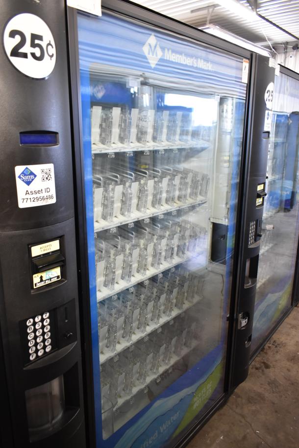 Crane 5800-4 vending machine with bill acceptor, 115V, 1 Phase, holds bottles. Asset ID: 7712956486, price tag: 25¢.