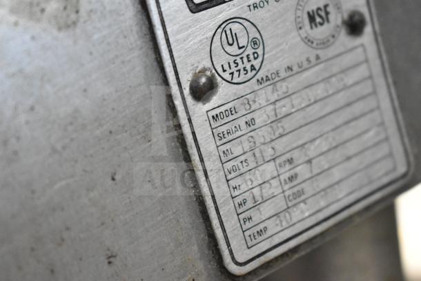 Hobart 84145 Buffalo Chopper label showing model, serial number, 115 volts, and UL, NSF certification markings.