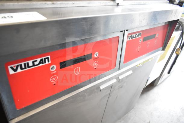 Vulcan Commercial Floor Style 2 Bay Deep Fat Fryer with fry baskets and red control panels on commercial casters.