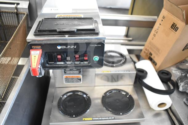 2024 Bunn CWTF15 Commercial Coffee Machine, 3 burners, countertop model, 120V, 1 phase, with visible control panel and warning labels.