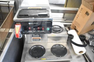 2024 Bunn CWTF15 Commercial Coffee Machine, 3 burners, countertop model, 120V, 1 phase, with visible control panel and warning labels.