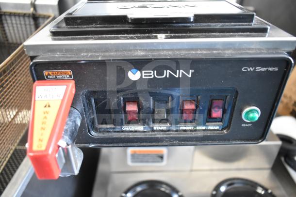 2024 Bunn CWTF15 Commercial Coffee Machine with 3 burners, front control panel, hot water warning, and ready light.