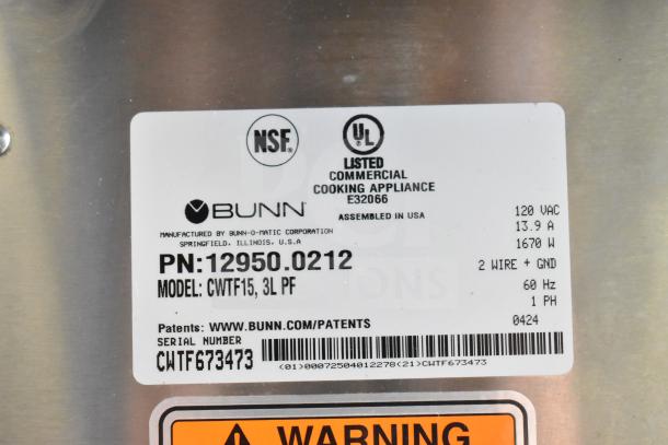 Label on a 2024 Bunn CWTF15 Commercial 3 Burner Coffee Machine, showing NSF certification, model, and electrical specs.