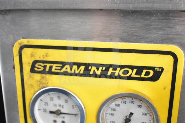 Commercial Electric Steam N Hold Cabinet, single compartment, operating volts: 208/240, Yellow control panel with gauges.