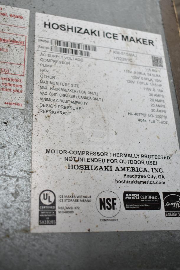 Label on Hoshizaki KM-515MAJ ice maker. Shows specifications: 115 Volts, 1 phase. Includes UL and NSF certifications.