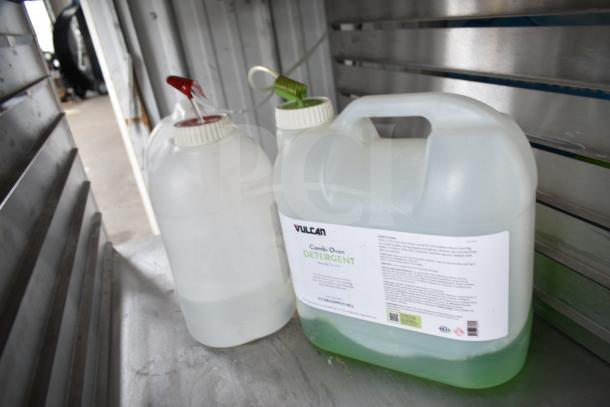Vulcan Combi Oven Detergent container, labeled "Ready To Use," with a white dispenser bottle beside it.