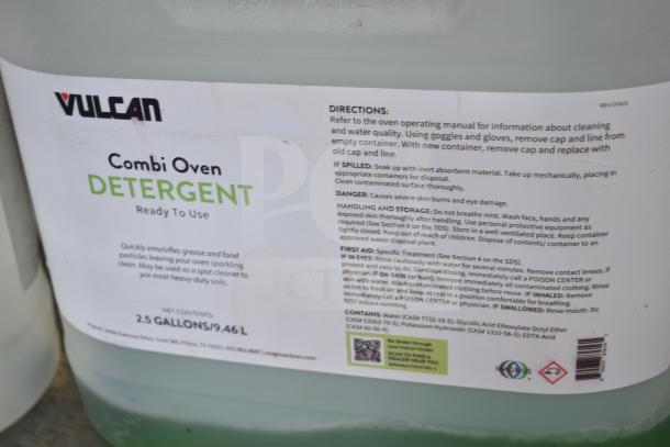 Vulcan Combi Oven Detergent label, 2.5 gallons. Contains cleaning instructions and safety warnings for use with Vulcan ovens.
