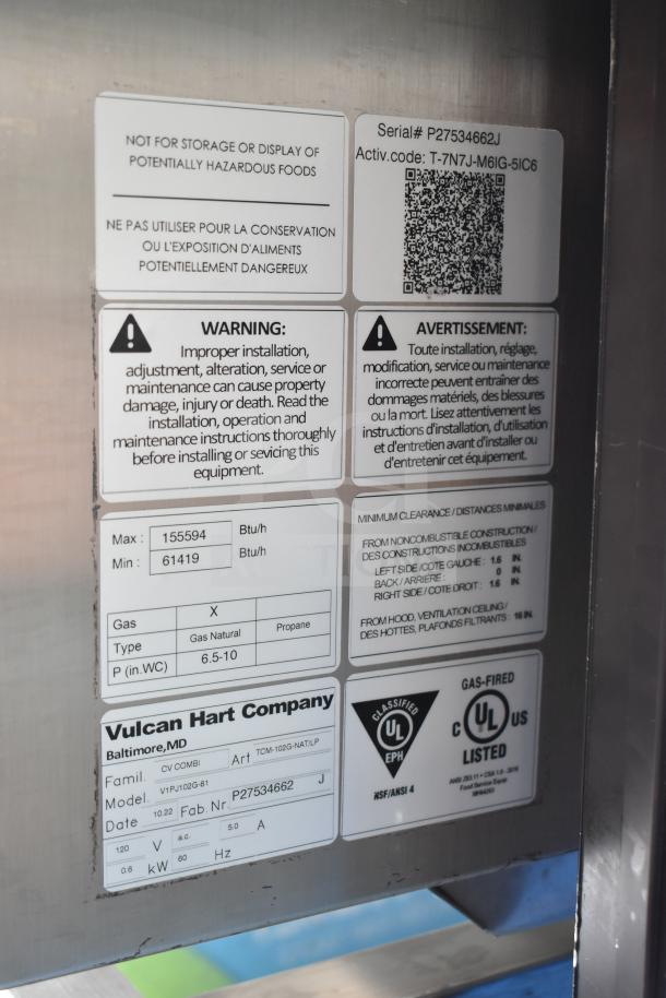 2022 Vulcan V1PJ102G-81 Commercial Gas Combi Oven label displaying model, serial number, and safety warnings.