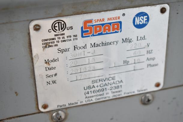 Spar 30HI-J Commercial Planetary Dough Mixer label, specifying 220 volts, 1 phase, ETL and NSF certified. Serial # 201023.