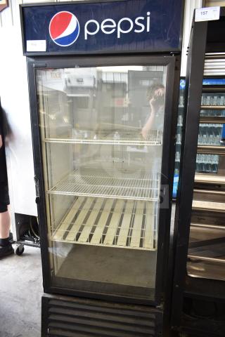 QBD DC26HB Commercial Single Door Cooler Merchandiser, Pepsi branding, shelves visible, 115V, 1 phase, used condition.