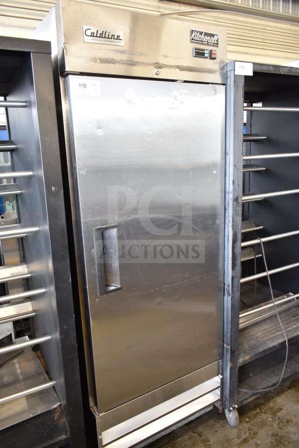 Coldline C-1FE commercial freezer with pan rack, stainless steel, single door, on casters, 115V, 1 phase.