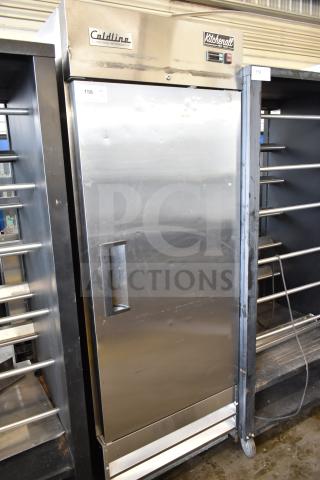 Coldline C-1FE commercial freezer with pan rack, stainless steel, single door, on casters, 115V, 1 phase.