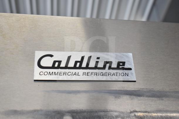 Coldline C-1FE single door commercial freezer with pan rack, commercial casters, 115 volts, 1 phase. Logo visible.