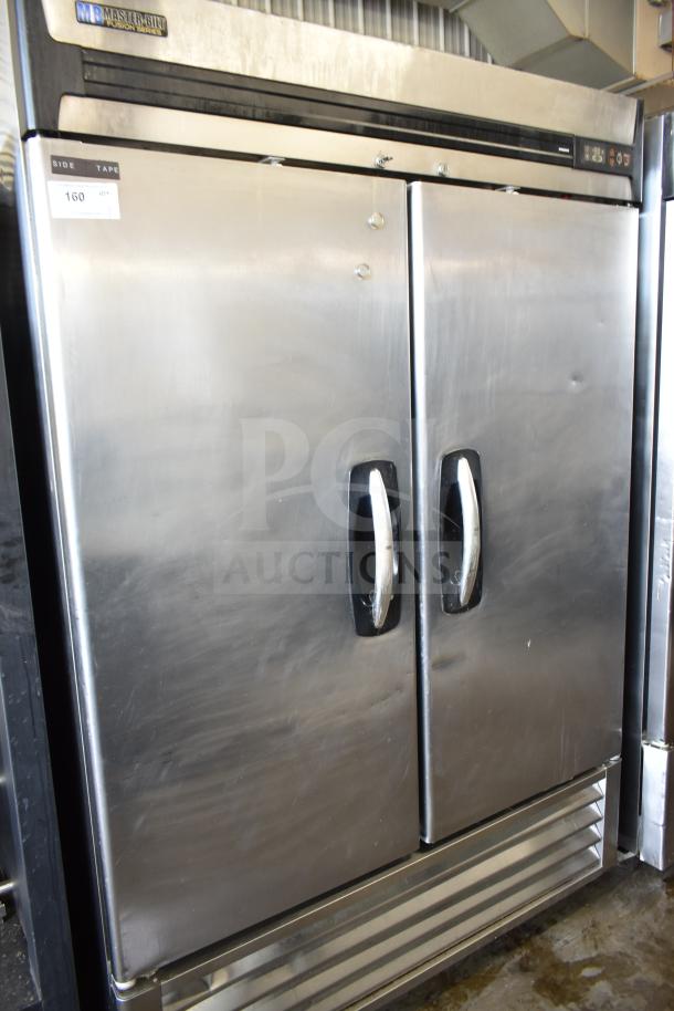 Master Bilt R49-S 2-door reach-in cooler, stainless steel, on casters, 115 volts, visible logo and number tags.