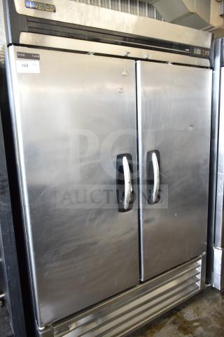 Master Bilt R49-S 2-door reach-in cooler, stainless steel, on casters, 115 volts, visible logo and number tags.