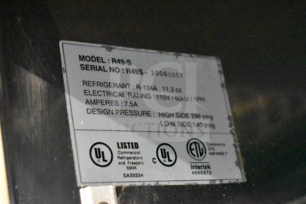 Master Bilt R49-S 2 Door Reach In Cooler, 115V, 1 Phase, refrigerant R-134A, UL and Intertek certified, on casters.