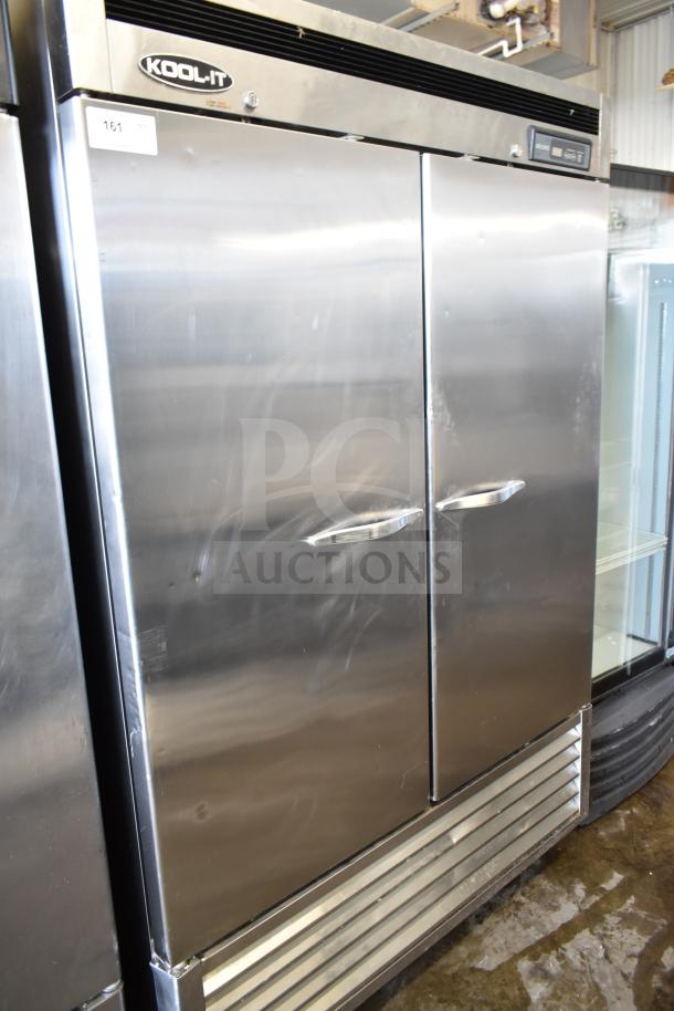 Kool It KBSF-2 commercial 2-door reach-in freezer on casters, stainless steel, 115 volts, visible control panel, model number.