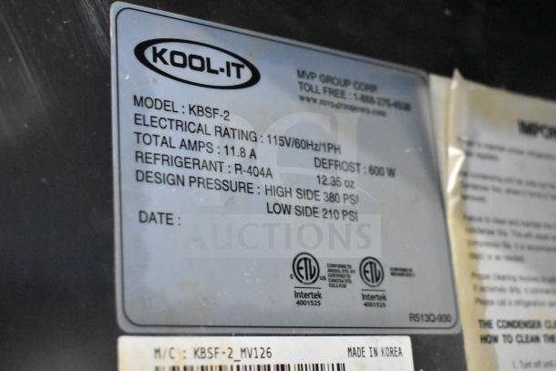 Kool It KBSF-2 label; 115V, 11.8A, R-404A refrigerant, high-side pressure 380 PSI, low-side 210 PSI, ETL certified.