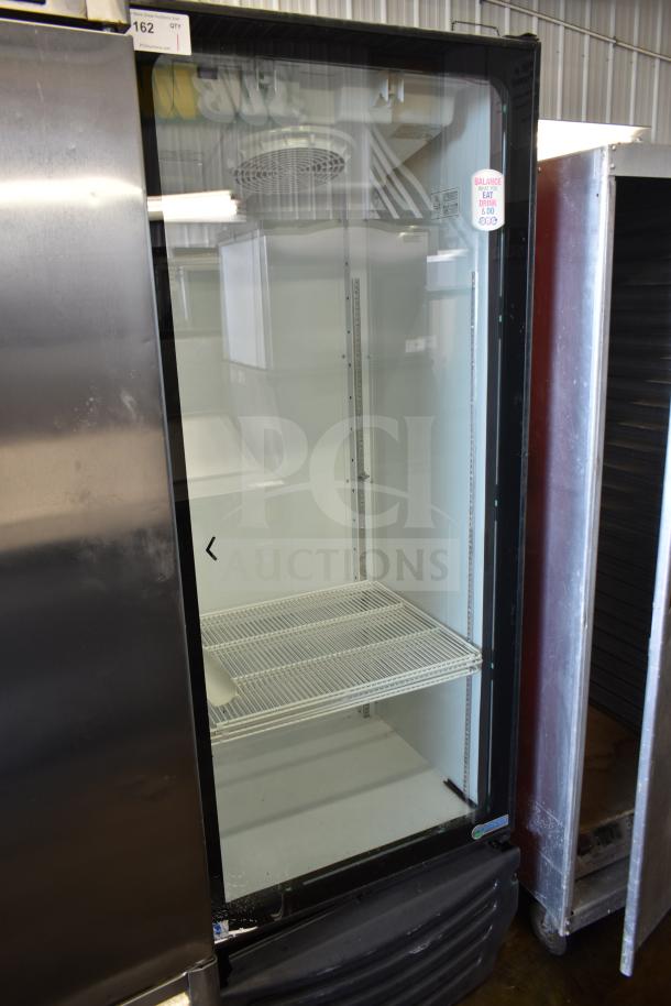 Imbera G319 commercial single door reach-in cooler merchandiser, 115V, 1 phase, clean interior, visible shelving, "Balance Eat Drink Do" sticker.
