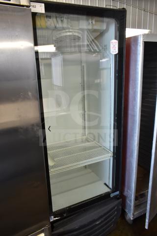 Imbera G319 commercial single door reach-in cooler merchandiser, 115V, 1 phase, clean interior, visible shelving, "Balance Eat Drink Do" sticker.