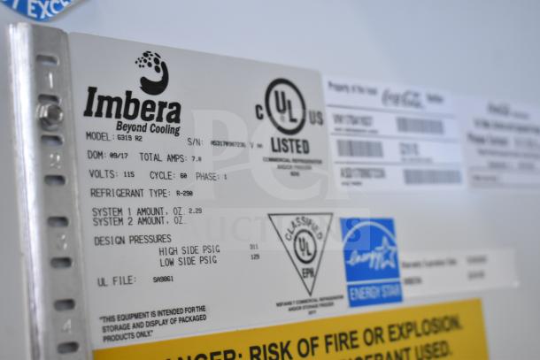 Imbera G319 Commercial Cooler label showing UL listing, 115V, R-290 refrigerant type, and other specifications.