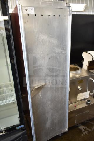 Lockwood heated holding pan rack on commercial casters, stainless finish, used condition, auction label "163" visible.