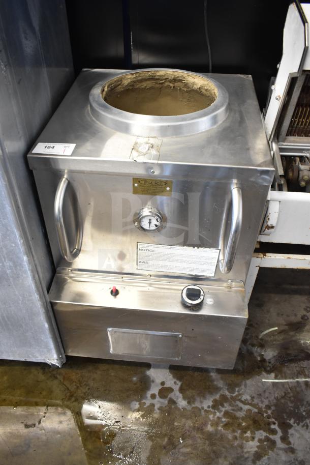 Puri Commercial Tandoori Clay Oven with stainless steel exterior, mounted on commercial casters, shown with control panel and labels.