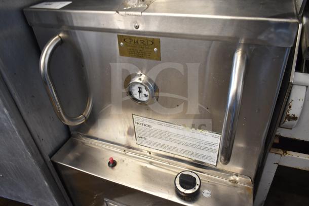 Puri Commercial Tandoori Clay Oven on Casters, stainless steel, dual handles, condition shows light wear, labeled with warning.