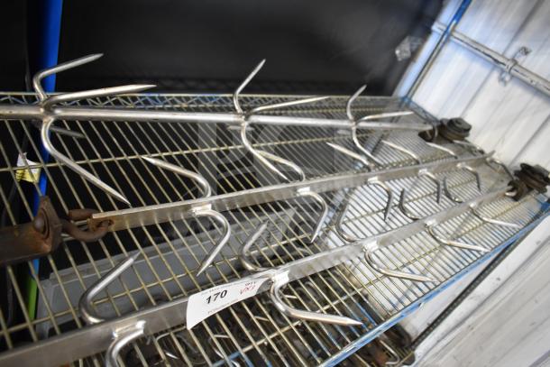 Stainless steel trolley rollers with multiple hooks for meat hanging, in good condition. Auction tag indicates lot 170.