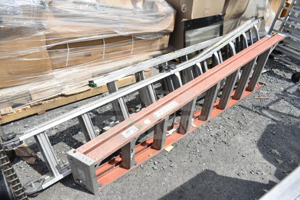 Three ladders including Gorilla GLA-MPX26 and Cuprum 486, varied styles, displayed outdoors, in good condition.