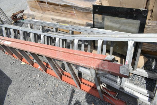 Three various ladders including Gorilla GLA-MPX26 and Cuprum 486, mixed materials, moderate wear, bundled for auction.