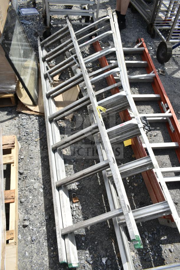 Three ladders including Gorilla GLA-MPX26 and Cuprum 486 shown on gravel surface. Light wear, various materials.