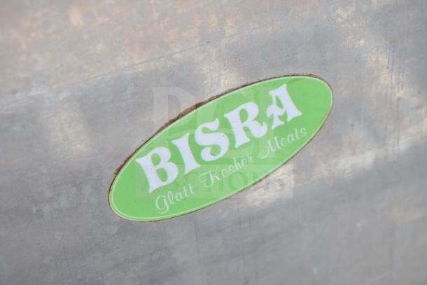 Commercial portable bin with BISRA label, featuring durable metallic construction and commercial casters for easy mobility.