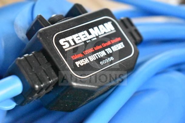 Steelman 50' extension cord, blue, with inline circuit breaker, 15 Amp, 125 VAC. Push button to reset, model 60356.