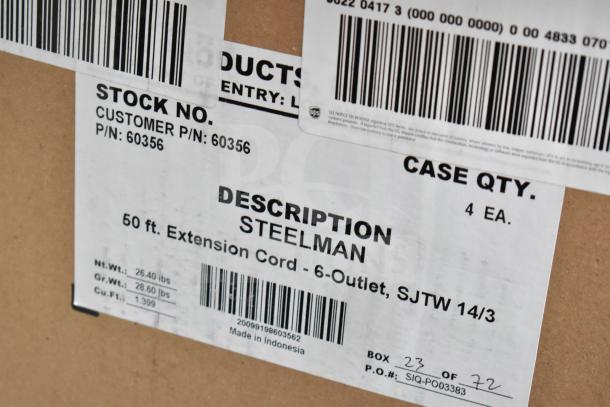 Steelman 50' extension cord, 6-outlet, SJTW 14/3, in box. Stock No: 60356. Made in Indonesia.