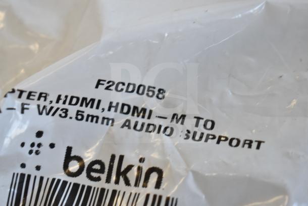 Belkin F2CD058 HDMI cable packaging with labels indicating adapter type and 3.5mm audio support. Appears new.