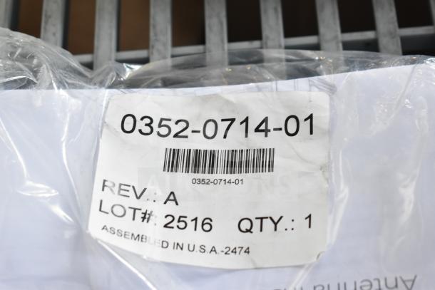 0352-0714-01 antenna cable in plastic packaging, label showing Rev: A, Lot#: 2516, Assembled in USA.