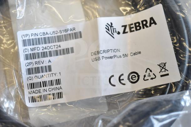 Nine cables including Zebra CBA-U52-S16PAR, labeled as USB PowerPlus 5M Cable, new condition, Made in China.
