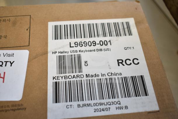Box with label for HP Halley USB Keyboard, model L96909-001, made in China. New scratch and dent condition.
