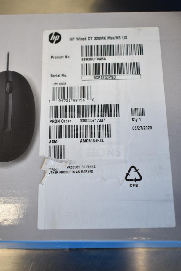 HP Wired Keyboard and Mouse set, brand new with minor scratches. Product No. 9SR36UT#ABA. Includes UPC and serial labels.