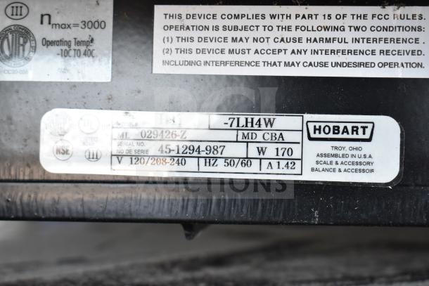 Hobart HTi-7LH4W commercial scale, tested, working, 120/208-240V, 1-phase, model label shows compliance and specifications.