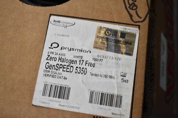 Pallet of GenSpeed 5350 Cat 5e Riser Cables by Prysmian, 1000ft, white, zero halogen, tested to 350 MHz, UL verified.