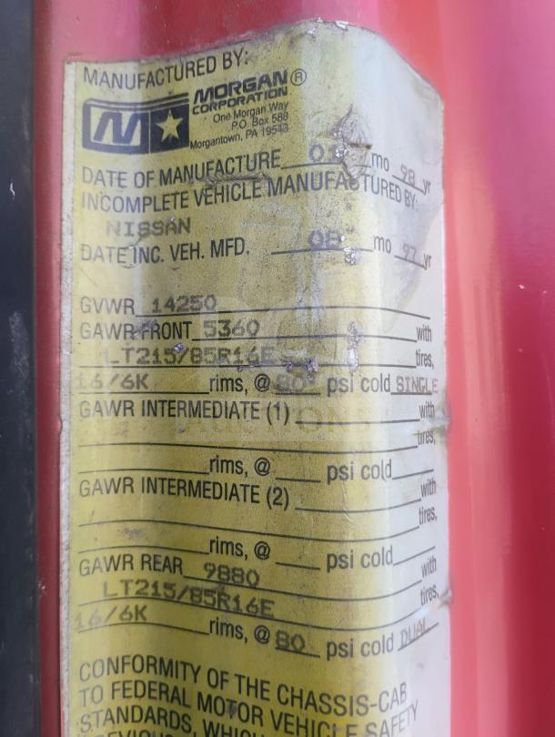 Label on 1998 UD International Cab-Over Truck with GVWR 14,250 lbs. Manufactured by Morgan Corp. in 1998.