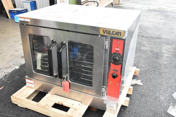 Brand new Vulcan VC5GD-11D1Z stainless steel convection oven, gas-powered, with view-through doors and thermostatic controls.