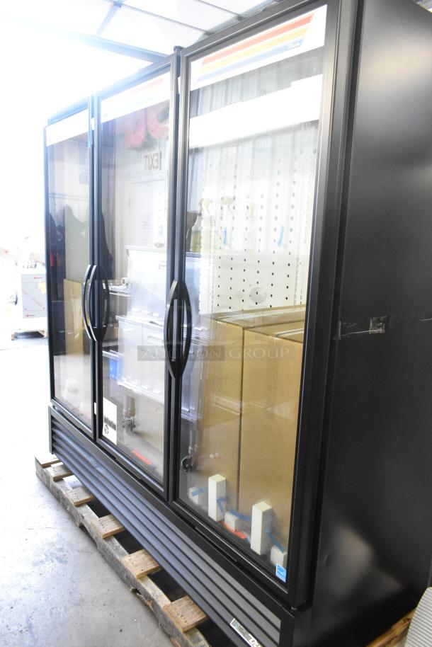 Brand new True FLM-81 metal commercial 3-door reach-in cooler merchandiser, 115 volts, 1 phase, scratch and dent.