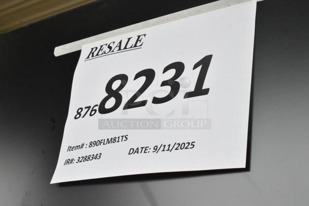 Brand new True FLM-81 cooler, 3-door, 115V, 1 phase. Scratch and dent condition noted on resale tag with item and IR numbers.