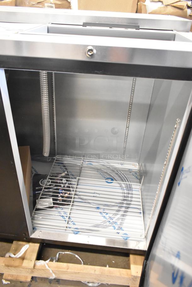 Beverage Air DD68HC-1-C-B kegerator interior, showing stainless steel finish, shelving, and coiled tubing, new condition.