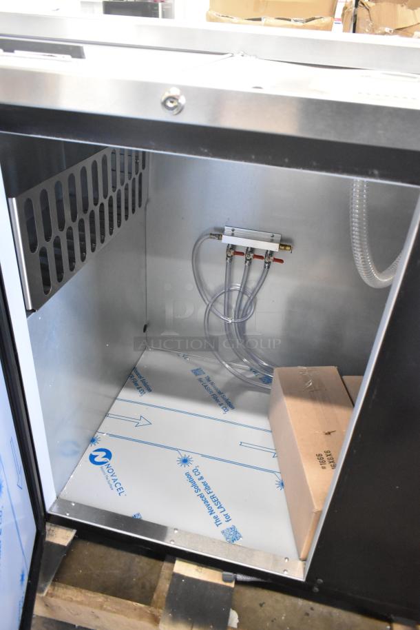Beverage Air DD68HC-1-C-B kegerator interior, stainless steel, hoses, and connection panel visible, brand new condition.
